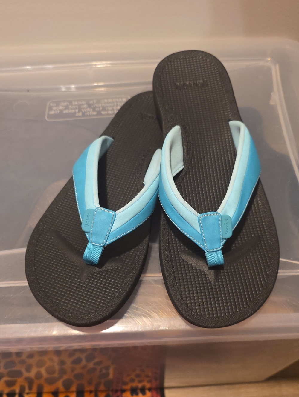 Nwot Sanuk Blue Strap Black Footbed Flip Flops Size 9